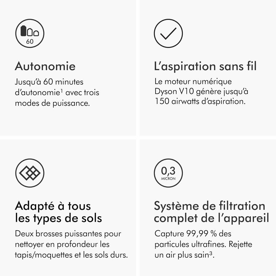 Dyson Cyclone V10 Absolute aspirateur sans Fil, 150 Airwatts, 60 Min d’autonomie – Technologie Anti-emmêlement, Brosse Fluffy pour sols durs