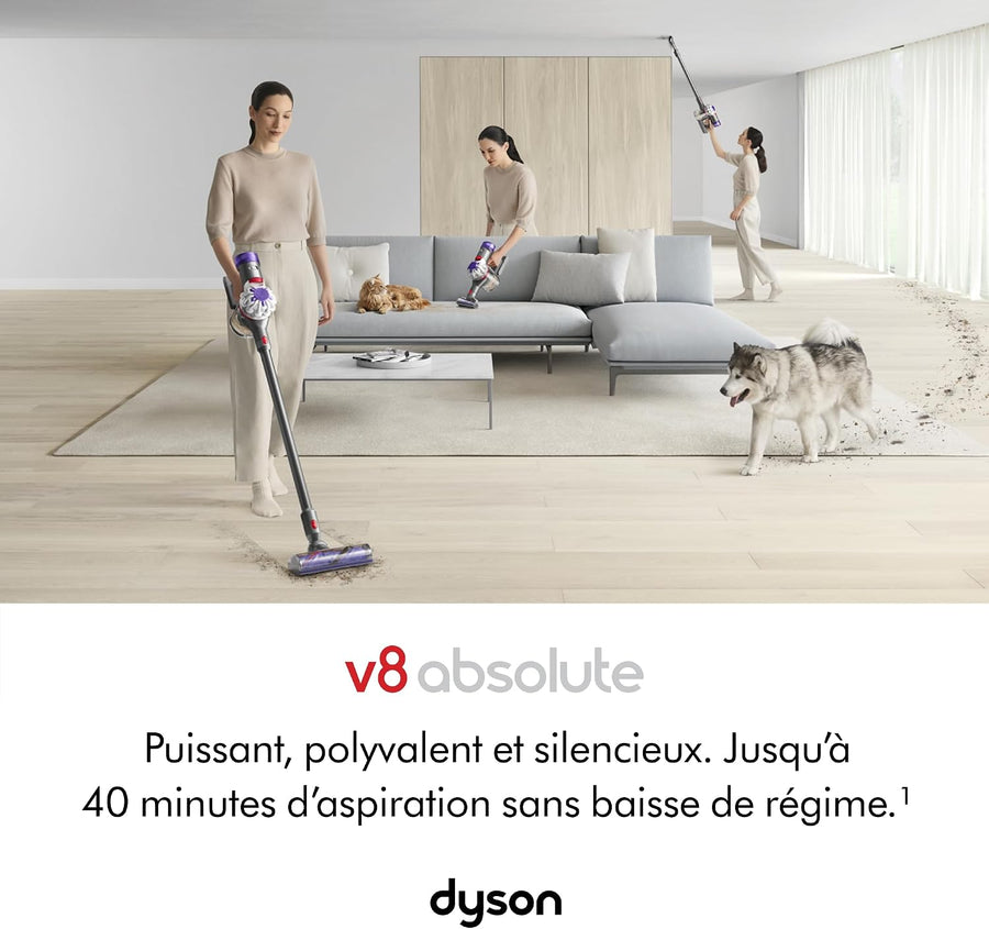 Dyson V8 Absolute Aspirateur sans Fil, 115 AW, Jusqu’à 40 Min d’autonomie, Brosse Motorbar Anti-enchevêtrement