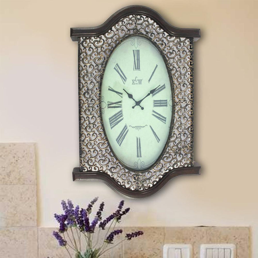 Brown Wall Clock with Scalloped Wooden Top and Base, by Casagear Home