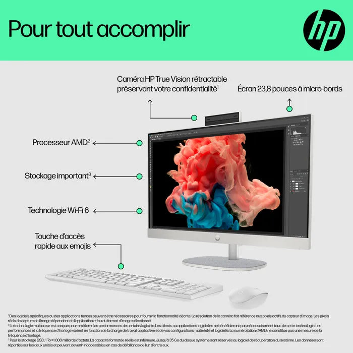 PC Tout-en-un HP 24-cr0089nf - Windows 11 - 23,8" FHD IPS - Ryzen 7 7730U - RAM 16Go - 512Go SSD - Clavier et souris sans fil