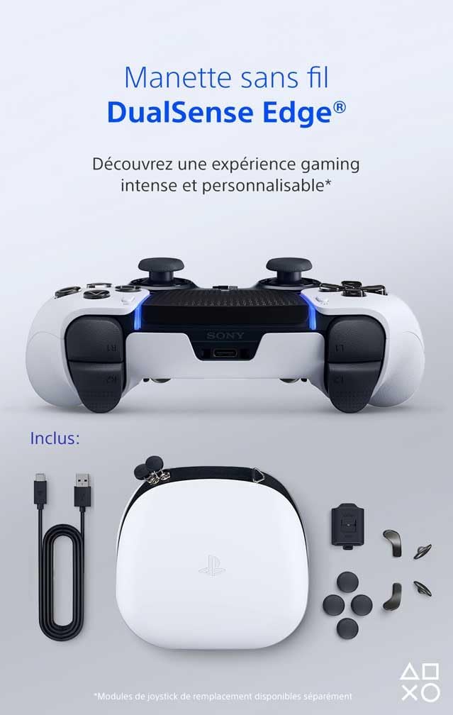 Playstation Sony, Manette 5 DualSense Edge, Sans Fil, Touches Arrière & Joysticks Interchangeables, Gâchettes Réglables, Profils Personnalisables, Compatible PS5/PC, Couleur : Blanche et Noire