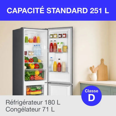 Réfrigérateur congélateur bas 251L - CONTINENTAL EDISON - Total No Frost - Inox - Classe D - L 54 cm x H 180 cm