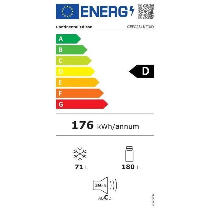 Réfrigérateur congélateur bas 251L - CONTINENTAL EDISON - Total No Frost - Inox - Classe D - L 54 cm x H 180 cm