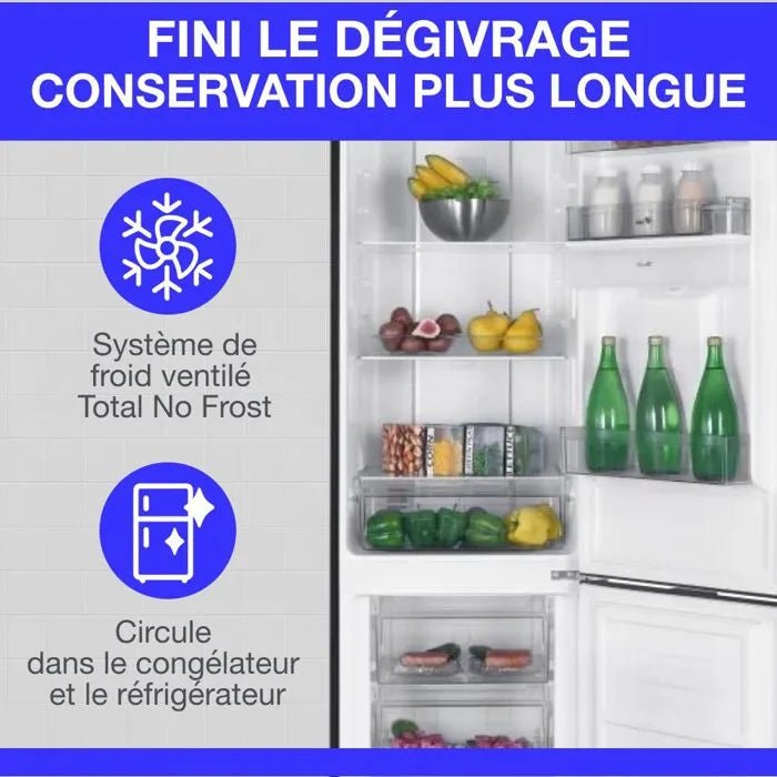 Réfrigérateur congélateur bas 251L - CONTINENTAL EDISON - Total No Frost - Inox - Classe D - L 54 cm x H 180 cm