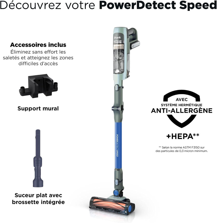 Shark PowerDetect Speed, Aspirateur Balai sans Fil, 60min IA1243FR | Nettoyage en arrière, Filtration anti-allergène HEPA, Jusqu’à 60 min d’autonomie, support mural et suceur plat, Sauge givrée