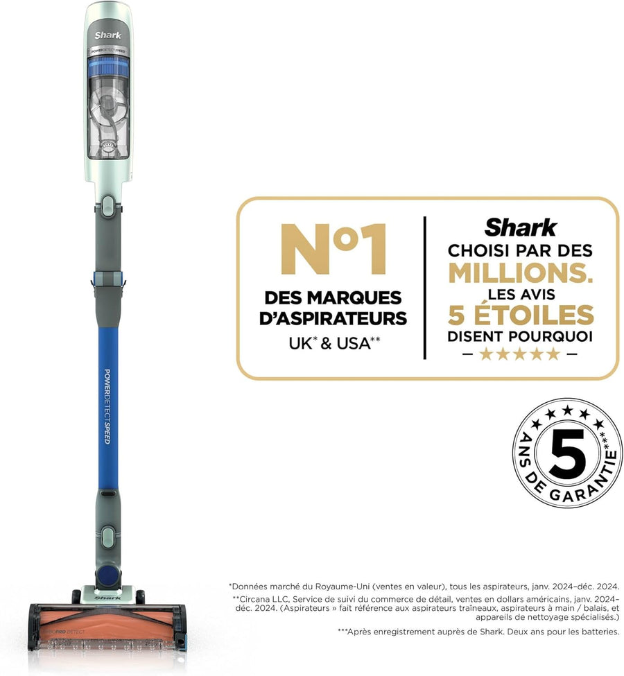 Shark PowerDetect Speed, Aspirateur Balai sans Fil, 60min IA1243FR | Nettoyage en arrière, Filtration anti-allergène HEPA, Jusqu’à 60 min d’autonomie, support mural et suceur plat, Sauge givrée